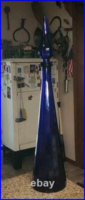 Vintage Empoli Decanter Cobalt Blue Paneled Glass Flame Topper 25.25 VAE On Base