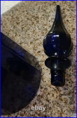 Vintage Empoli Decanter Cobalt Blue Paneled Glass Flame Topper 25.25 VAE On Base