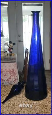 Vintage Empoli Decanter Cobalt Blue Paneled Glass Flame Topper 25.25 VAE On Base