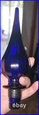 Vintage Empoli Decanter Cobalt Blue Paneled Glass Flame Topper 25.25 VAE On Base