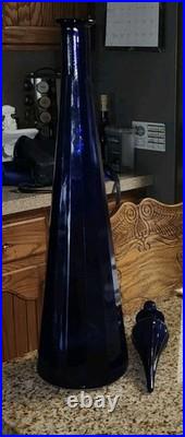 Vintage Empoli Decanter Cobalt Blue Paneled Glass Flame Topper 25.25 VAE On Base