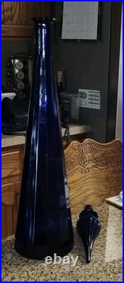 Vintage Empoli Decanter Cobalt Blue Paneled Glass Flame Topper 25.25 VAE On Base
