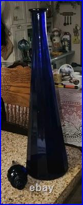 Vintage Empoli Decanter Cobalt Blue Paneled Glass Flame Topper 25.25 VAE On Base