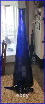 Vintage Empoli Decanter Cobalt Blue Paneled Glass Flame Topper 25.25 VAE On Base