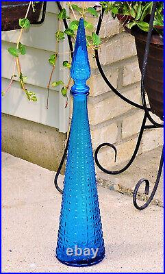 Vintage Empoli Genie Bottle Decanter Blue Aztec Pattern with Stopper 22in Italy