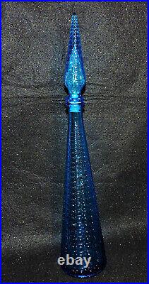 Vintage Empoli Genie Bottle Decanter Blue Aztec Pattern with Stopper 22in Italy
