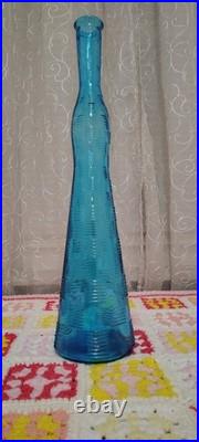 Vintage Empoli Glass Blue Basket Weave Bottle Decanter Italy 19 NO STOPPER