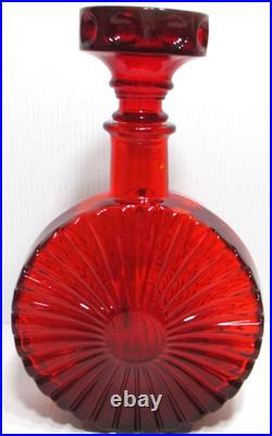 Vintage Empoli Glass Decanter Red Orange Squat Sunburst Made in Italy 10 Tall