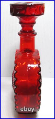 Vintage Empoli Glass Decanter Red Orange Squat Sunburst Made in Italy 10 Tall
