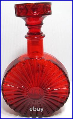 Vintage Empoli Glass Decanter Red Orange Squat Sunburst Made in Italy 10 Tall