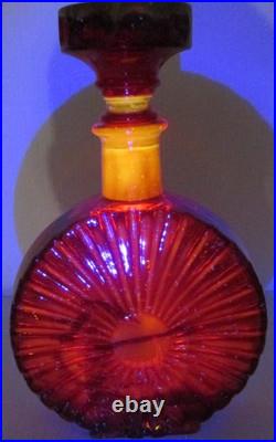 Vintage Empoli Glass Decanter Red Orange Squat Sunburst Made in Italy 10 Tall