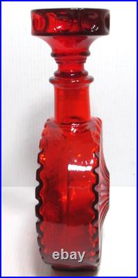 Vintage Empoli Glass Decanter Red Orange Squat Sunburst Made in Italy 10 Tall