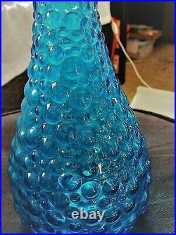 Vintage Empoli Glass Genie Bottle Decanter Blue Bubble Glass Italian MCM