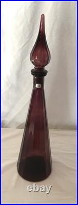 Vintage Empoli Glass Genie Bottle Decanter with Stopper Amethyst 18 1/4
