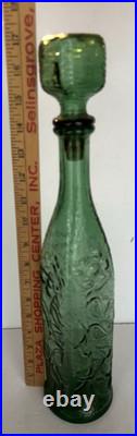 Vintage Empoli Green Floral Embossed Decanter Bottle 17 Tall withStopper