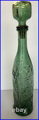 Vintage Empoli Green Floral Embossed Decanter Bottle 17 Tall withStopper