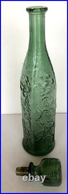 Vintage Empoli Green Floral Embossed Decanter Bottle 17 Tall withStopper