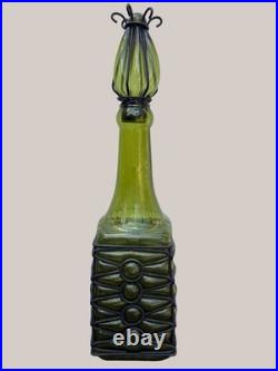 Vintage Empoli Italian Art Glass Decanter Ribbed Glass Encased In Black Ironwork
