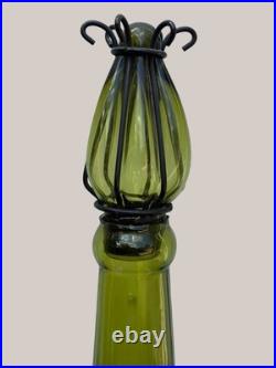 Vintage Empoli Italian Art Glass Decanter Ribbed Glass Encased In Black Ironwork