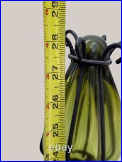 Vintage Empoli Italian Art Glass Decanter Ribbed Glass Encased In Black Ironwork