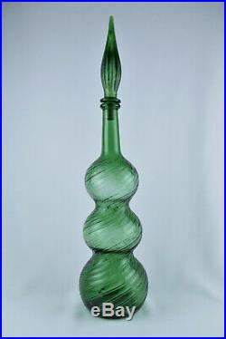 Vintage Empoli Italian Art Glass Green 22.5 Three Barrel Genie Bottle Decanter