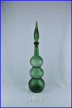 Vintage Empoli Italian Art Glass Green 22.5 Three Barrel Genie Bottle Decanter