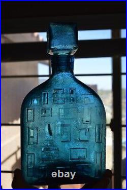 Vintage Empoli Italian Cube Decanter Blue Geometrics Italy Glass MCM Barware