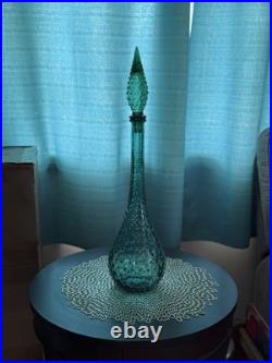 Vintage Empoli Italian Genie Bottle Vase W Stopper- Aqua Hobnail Glass 22tall