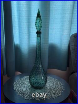 Vintage Empoli Italian Genie Bottle Vase W Stopper- Aqua Hobnail Glass 22tall