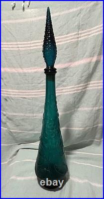 Vintage Empoli Italian Glass Decanter Stopper Grapes Cherries Teal 23 Tall