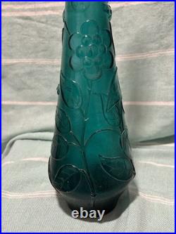 Vintage Empoli Italian Glass Decanter Stopper Grapes Cherries Teal 23 Tall