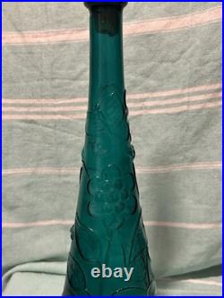 Vintage Empoli Italian Glass Decanter Stopper Grapes Cherries Teal 23 Tall