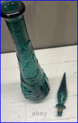 Vintage Empoli Italian Glass Decanter WithStopper Grapes & Vines Teal 22 Tall