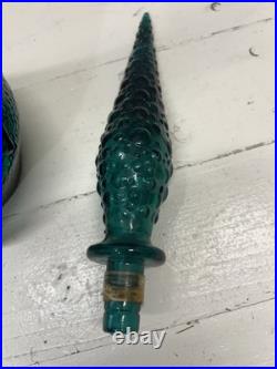 Vintage Empoli Italian Glass Decanter WithStopper Grapes & Vines Teal 22 Tall