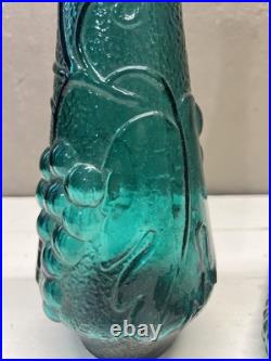 Vintage Empoli Italian Glass Decanter WithStopper Grapes & Vines Teal 22 Tall
