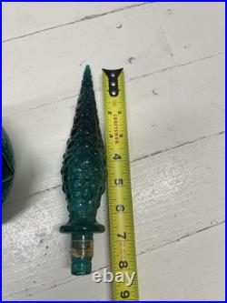 Vintage Empoli Italian Glass Decanter WithStopper Grapes & Vines Teal 22 Tall