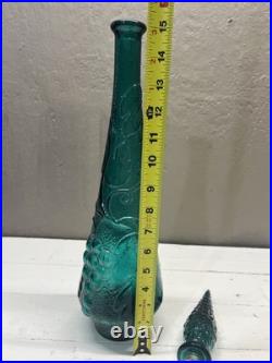Vintage Empoli Italian Glass Decanter WithStopper Grapes & Vines Teal 22 Tall