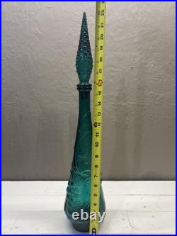 Vintage Empoli Italian Glass Decanter WithStopper Grapes & Vines Teal 22 Tall
