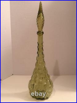 Vintage Empoli Italian Glass Genie Bottle Decanter Avocado Green Hobnail Stopper
