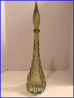Vintage Empoli Italian Glass Genie Bottle Decanter Avocado Green Hobnail Stopper