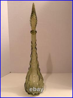 Vintage Empoli Italian Glass Genie Bottle Decanter Avocado Green Hobnail Stopper