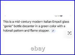 Vintage Empoli Italian Glass Genie Bottle Decanter Avocado Green Hobnail Stopper