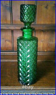 Vintage Empoli Italian Green Glass Diamond Cut Decanter / Bottle 34cm