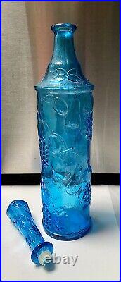 Vintage Empoli Italian Mid Century Modern Blue Fruit Glass Decanter