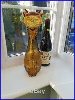 Vintage Empoli/Italian amber Cat Shaped Art Glass Decanter / Bottle C1960's