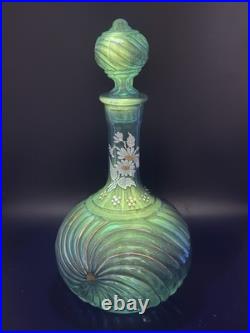 Vintage Empoli Italy Blue Glass Decanter Hand Painted Rare Glows