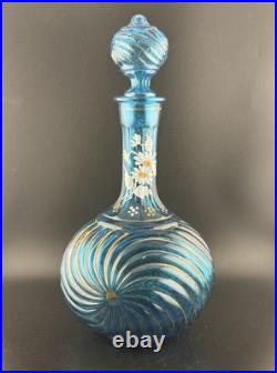 Vintage Empoli Italy Blue Glass Decanter Hand Painted Rare Glows