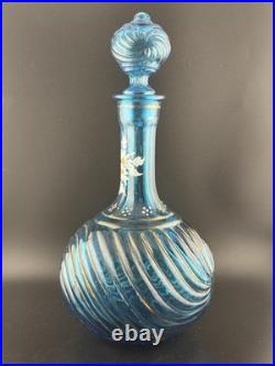 Vintage Empoli Italy Blue Glass Decanter Hand Painted Rare Glows