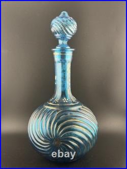 Vintage Empoli Italy Blue Glass Decanter Hand Painted Rare Glows