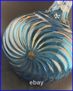 Vintage Empoli Italy Blue Glass Decanter Hand Painted Rare Glows